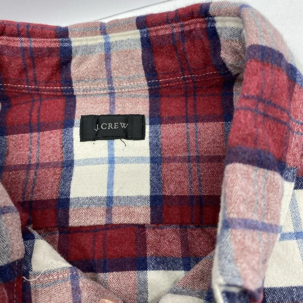 J Crew Shirt Men M Red Plaid Flannel 100% Cotton Mid Weight Elbow Patches Cabin